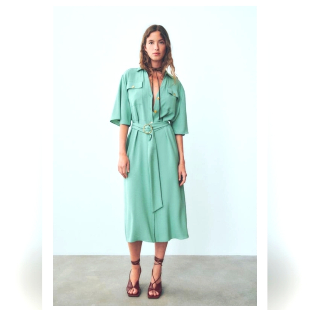 Zara Gold Button Shirt Dress Midi